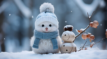 Wall Mural - Cute dog like a snowman in winter forest. Happy snowman in the winter forest. Beautiful winter concept.