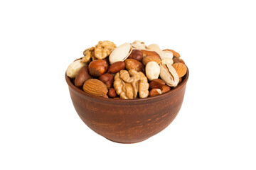 Roasted mix nut in bowl isolated on white background. mix nut is snack or raw of cook. Healthy food concept