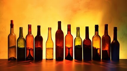  a row of wine bottles sitting on top of a table.  generative ai