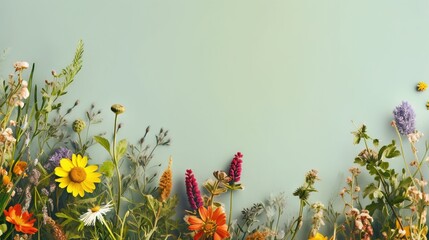   a field of wildflowers and other flowers on a blue background.  generative ai