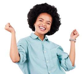 Isolated African woman, fist celebration and portrait with smile, success or goals by transparent png background. Girl, winner and happy for achievement, competition or reward for stock market profit