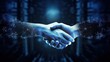 Handshake in digital futuristic style.. The concept of partnership, collaboration or teamwork.