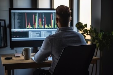 Back shot of a man sitting in a chair. He is looking at a computer screen to work and watch stocks. In the home office