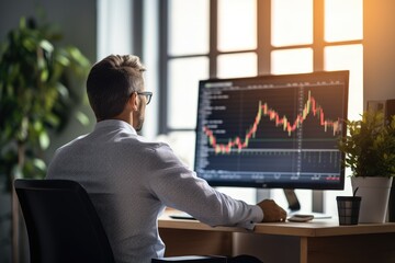 Back shot of a man sitting in a chair. He is looking at a computer screen to work and watch stocks. In the home office