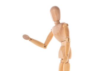 Poster - A wooden mannequin standing in front of a white background. This versatile image can be used for various purposes.