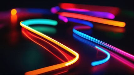 Poster - vibrant neon trails creating abstract patterns on a dark background.