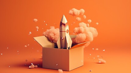 Wall Mural -  a cardboard box with a rocket in it on an orange background.  generative ai