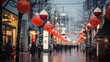 The street is decorated with Chinese lanterns to celebrate the New Year. Typical decorations to welcome the Chinese New Year.