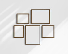 Gallery Wall Mockup Set, 5 Dark Brown Frames. Modern Frame Mockup. Horizontal, Vertical, Square Frames, 12x16 (3:4), 16x12 (4:3), 8x10 (4:5), 10x8 (5:4), 10x10 (1:1) Inches. White Wall With Shadows.