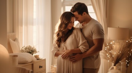 Poster - A man and woman embrace in a bedroom, AI