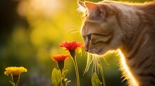 An AI Illustration Of An Orange Cat Smelling A Red Flower With Sunlight Streaming In From The Backgr