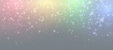Light Bokeh Of Rainbow Dust. Christmas Glowing Bokeh And Glitter Overlay Texture For Your Design On A Transparent Background. Rainbow Particles Abstract Vector Background.