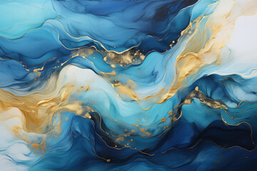Wall Mural - Abstract blue wave with gold lines watercolor texture painting, Generative Ai
