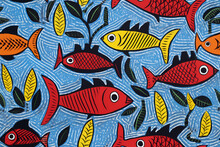 Lots Of Red And Yellow Fish In A Blue Pond. Seamless Pattern Of Aquatic Animals In A Naive, Childish Illustration