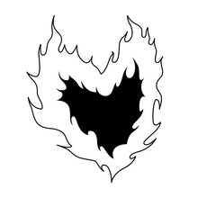 Outline Drawing Of Flame Heart. Abstract Fire Shape. Gothic, Emo, Y2k Tattoo Design. Dark Romantic Silhouette. Vector Illustration