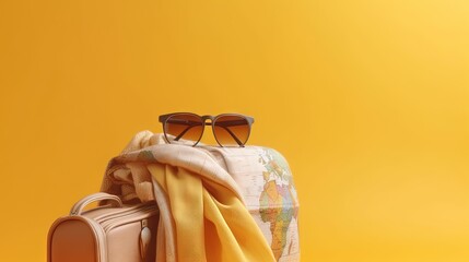 Poster -  a piece of luggage with a yellow blanket and sunglasses on top of it.  generative ai