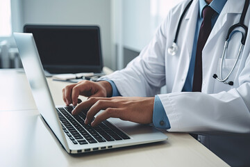 A dedicated doctor in a hospital office, using a laptop and stethoscope to provide professional healthcare services and medical care