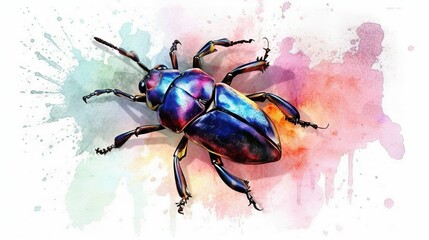 Wall Mural -  a colorful beetle sitting on top of a white surface next to a watercolor splash.  generative ai