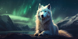 White wolf at night, illuminated by the Northern Lights 