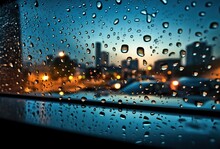View Of The City Through The Window Glass Under The Drops From The Rain