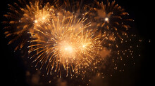 Golden Firework Celebrate Anniversary Happy New Year 2023, 4th Of July Holiday Festival. Gold Firework In The Night Time Celebrate National Holiday. Countdown To New Year 2023 Gold Party Time Event