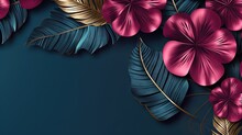  A Blue And Pink Background With Pink Flowers And Gold Leaves.  Generative Ai