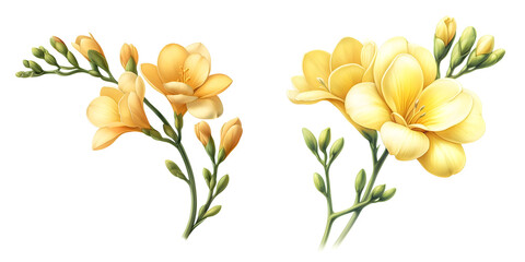 Wall Mural - Yellow Freesia flower in watercolor, transparent background  