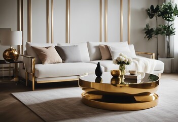 Round golden coffee table in front of white amazing sofa Interior design of modern living room