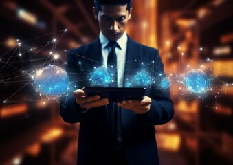 A businessman holding a tablet and looking at a virtual blockchain connection network with data fields floating around. Abstract cyber background