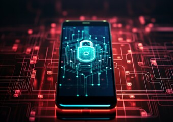 Aufkleber - Data privacy, internet access and cyber security concept with keyhole inside closed padlock and shield hologram on modern smartphone background.