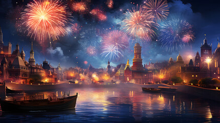 happy newyear festival backdrop around the world, fireworks background,