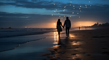 Wall Mural - A couple walks hand in hand along a moonlit beach, the waves gently kissing their feet, creating a beautiful and romantic scene for Valentine's Day.
