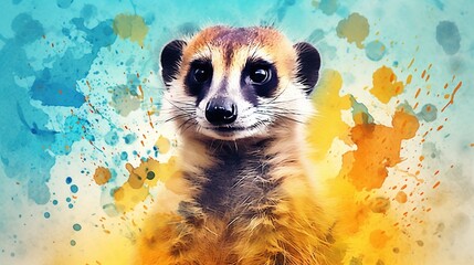 Wall Mural -  a painting of a meerkat on a blue and yellow background.  generative ai