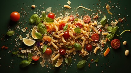 Wall Mural -  a pile of pasta with tomatoes, basil, and other ingredients.  generative ai