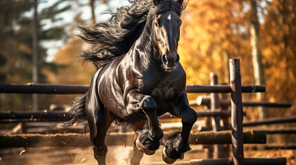 Wall Mural - Beautiful bay stallion jumping over a wooden fence. 
Black horse  jumping over obstacle in equestrian sports arena.