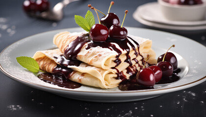 Wall Mural - Crepes with chocolate sauce, powdered sugar and cherries