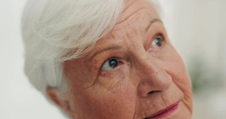 Sticker - Thinking, depression and a senior woman with alzheimer, memory or fail in a retirement home. Idea, mental health and face of an elderly person with fear, anxiety or remember while lonely or sick