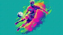  A Man Kicking A Soccer Ball On Top Of A Green And Blue Background With A Splash Of Paint On The Bottom Of The Image And Bottom Half Of His Body.  Generative Ai