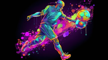  a man kicking a soccer ball on top of a purple and pink background with splatters of paint on it and a splash of paint.  generative ai