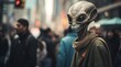 An extraterrestrial man wearing a skull mask and alien clothing roams the streets, his ufo looming overhead as he embodies both fear and fascination
