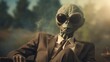 An extraterrestrial monster sporting sunglasses and a sharp suit exudes a nonchalant coolness as it takes a drag from its cigarette, standing outdoors with a skull mask and a screenshot of its alien 