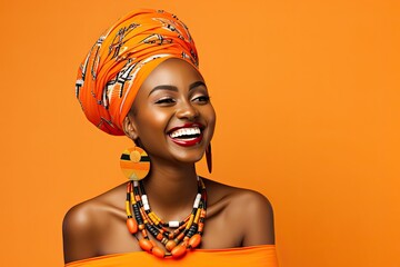 Wall Mural - Young beautiful African woman wearing a stylish turban, striking pose, radiating elegance and grace.