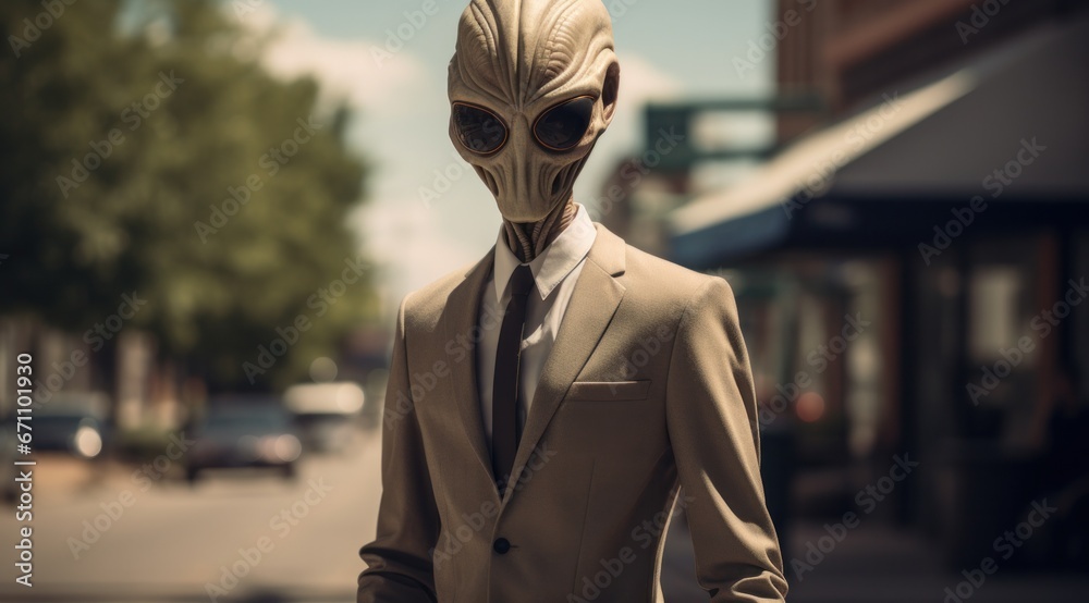 A mysterious alien in a sleek suit and tie, struts confidently down the ...