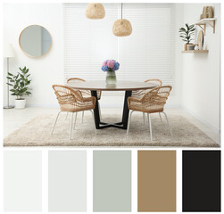 Poster - light and cozy dining room with furniture. color palette matching to this interior design