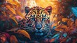  a large leopard with blue eyes sitting in the leaves of a tree in a forest of trees and bushes, with the sun shining on its face.  generative ai