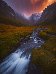 Dramatic vertical landscape in remote places, river course between the beautiful mountains of Iceland, Landscape concept, generative ai	