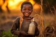Happy little thirsty child with bottle of pure fresh drinking water in his hand. Issue of water supply to the driest areas of Africa.