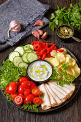 Wall Mural - ham, chips, leafy greens, veggies snack platter