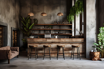 Arrangement of equipment and interior decoration of the coffee shop in the style of rustic concrete