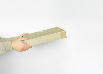 Wall Mural - female hands giving a cardboard box on a gray background. parcel delivery concept